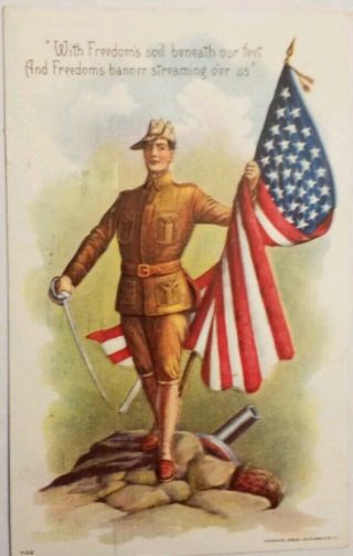 Vintage 1908 Postcard Uniformed Soldier With Us Flag & Sword - Julius Bien