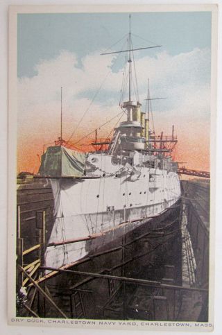 Vintage Postcard Dry Dock Charlestown Navy Yard Massachusetts Ship