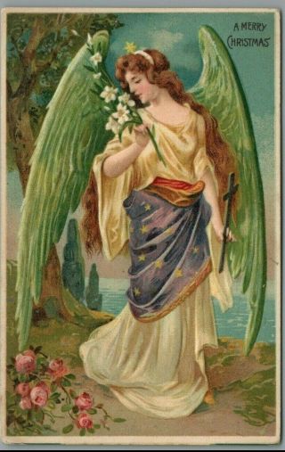 Angel,  Cross,  Daffodil " A Merry Christmas " 1910 