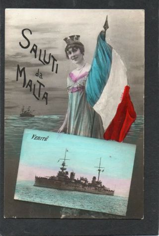 Malta Postcard,  Naval Ship.  Hms Verite,  Patriotic Italian Flag,  Rp C1925