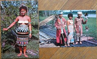 Kayak Women & Chiefs,  Sarawak,  Malaysia 1960s Pair Chrome Postcards - Nude/topless