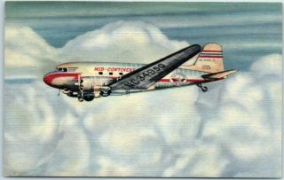 Vintage Mid - Continent Airlines Ad Postcard Airplane Curteich Linen 1947