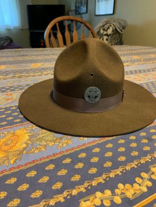 Vintage Campaign Brown Wool Scout Hat W/big Universal Scout Pewter Pin Sz 7 1/4