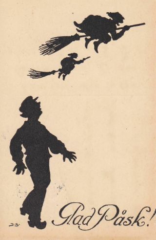 Old Vintage Postcard Easter Witch Silhouette Man Looks Up At Witches Small Card
