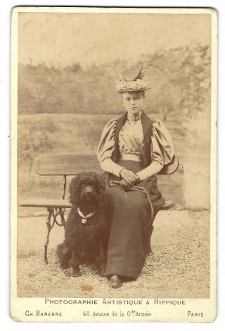 Victorian Mounted Photograph Of Woman Sitting On A Bench With Her Furry Pet Dog