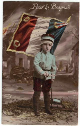 1917 Wwi Little French Soldier Fighting For His Flag Vintage Postcard