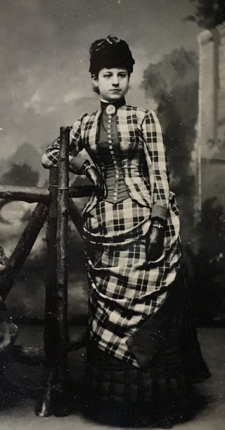 Antique American Pretty Young Curvy Lady School Girl Plaid Dress Tintype Photo