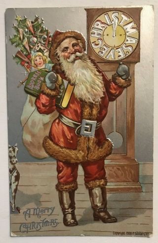 Santa Claus With Grandfather Clock Toys Antique Christmas Postcard - C915