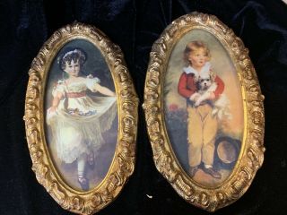 Antique Victorian Gold Framed Pictures Of A Young Girl And Boy W/puppy