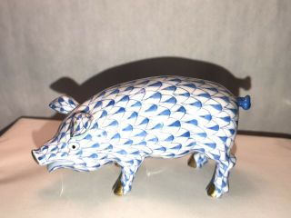 Herend Fishnet Figurine Blue Pig Figurine