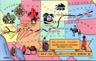 Fred Harvey Hotels Auto Map 1940s Linen Postcard