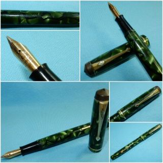 Vintage Conway Stewart 759 Fountain Pen Green Marble 14k Gold Medium Nib
