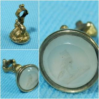 Antique Gold Gilt Charm Fob Intaglio Owl Seal Carving White Agate 18 Mm