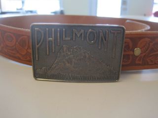 Philmont Belt Buckle With Size 38 Tooled Leather Belt,  Unworn,  Look