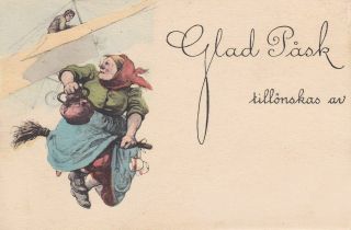 Vintage Postcard Easter Witch On Broom Teapot Airplane Small Size From Sweden