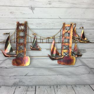 Metal Wall Hanging Sail Boats Bridge Mid Century Modern Nautical Torch Art Decor
