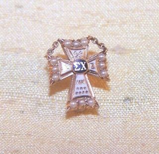 Vintage Sigma Chi Fraternity 10k Gold Pin / Badge,  Pearls Beta Delta Chap Old