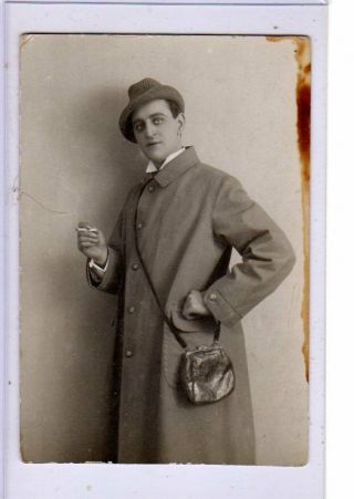 Real Photo Postcard Rppc - Man With Make - Up Cigarette And Purse Gay Interest