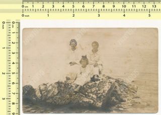 Three Females,  Women And Girl On Coast Rocks Old Photo Snapshot