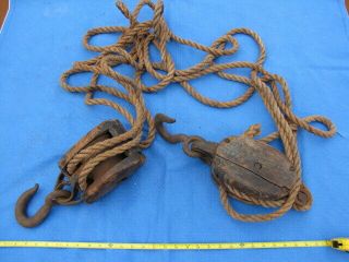 Set Of Vintage Antique Wooden Block & Tackle Pulleys With Rope For Display Only