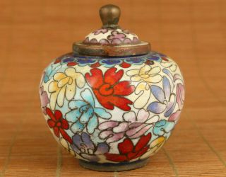 Chinese Old Cloisonne Hand Painting Flower Statue Tea Caddy Table Decoration