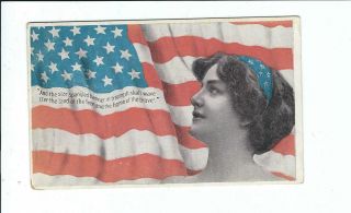 American Flag Postcard With Lady Admiring The Flag And Star Spangled Banner
