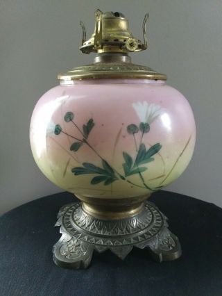 Vintage Antique Queen Anne No.  2 Oil Lamp White W/ Floral Design
