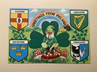 Greetings From Ireland Illustrated Leprechaun Rainbow Mushrooms Vintage Postcard
