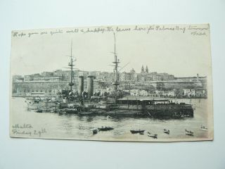Royal Navy Ship At Malta Postcard With Valletta Postmark On Malta 1 Penny Stamp
