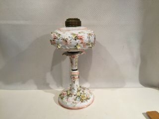 Antique Hand Painted Porcelain 10” Oil Lamp W/flowers