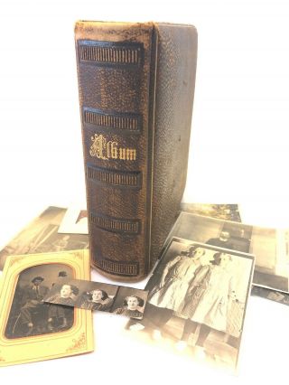 Antique Victorian Era Leather Photo Album Book 1880’s With Clasp - Some Tintypes