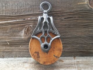 Antique Cast Iron And Wood Myers Pulley Primitive Barn Ornate Rustic Decor Farm
