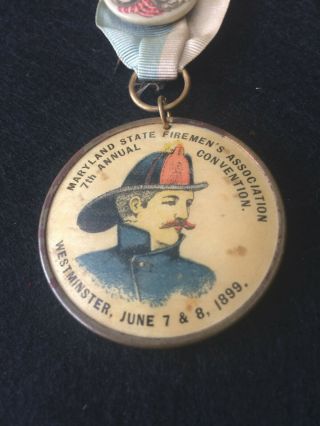 1899 WESTMINISTER MARYLAND FIREMEN ' S CONVENTION MEDAL & POLITICAL BUTTON 2
