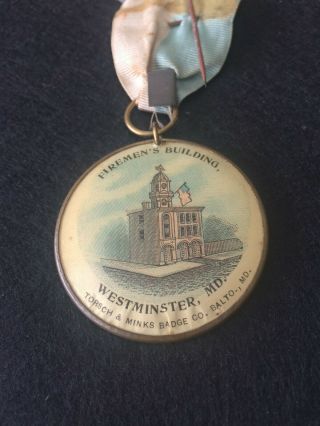1899 WESTMINISTER MARYLAND FIREMEN ' S CONVENTION MEDAL & POLITICAL BUTTON 5
