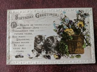 Cat Vintage Postcard.  Birthday.  2 Kittens.  Flowers.  Basket.  British.  Not Mailed.