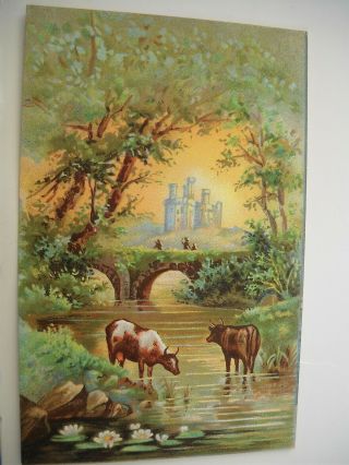 Vint.  Color P/c - Idyllic Scene,  Greenery,  Cattle In Stream,  Castle In Background