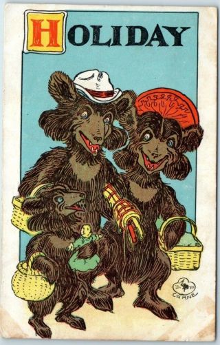 Vintage Artist - Signed D.  P.  Crane Postcard " Holiday " Bears On Picnic 1909 Cancel