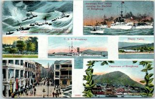 1910s Hong Kong Postcard Multi - View U.  S.  S.  Monterey / U.  S.  Navy Military Ship