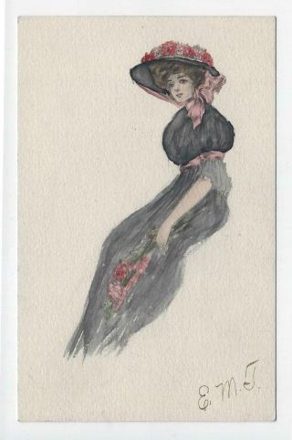 Artist Signed Hand Drawn Art Nouveau Woman In Large Hat Postcard Vtg