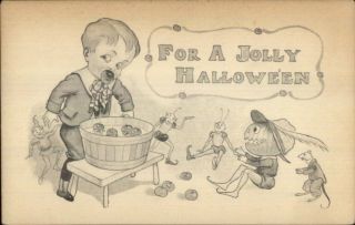 Halloween Boy Bobbing For Apples S601 C1915 Postcard