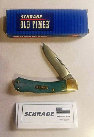 Vintage Schrade Usa 50t Old Timer Green Bruin Lockback Folding Knife W/box