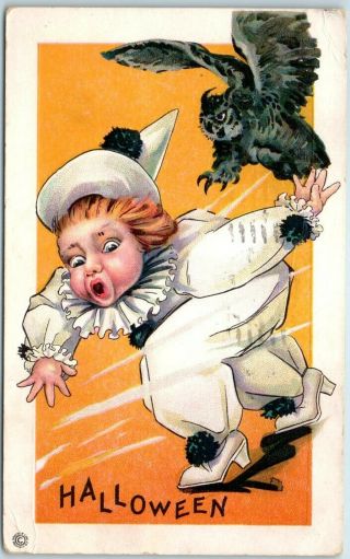 Vintage 1923 Halloween Postcard Boy In Clown Costume Chase By Owl Stecher 408a
