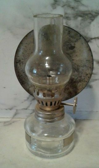 Vintage Mini Small Oil Lamp Clear Glass Base & Chimney W/ Reflector 4 "