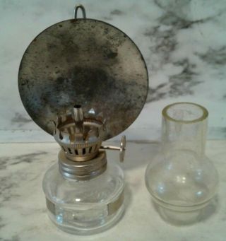 VINTAGE MINI SMALL OIL LAMP CLEAR GLASS BASE & CHIMNEY w/ REFLECTOR 4 