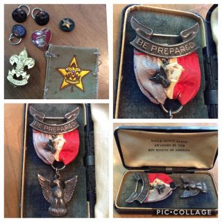Vintage B.  S.  A.  Boy Scouts Of America Sterling Eagle Scout Badge,  Red Heart & More