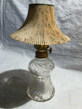 Vintage Miniature Oil Lamp Clear Swirled Glass W/ Chimney & Shade Acorn P&a Mfg