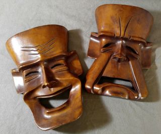 Vintage Theater Masks Comedy Tragedy Hand Carved Wood Wall Hangings