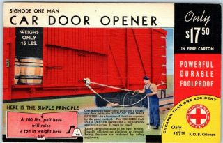 1940s Linen Adv.  Postcard " Signode One - Man Car Door Opener " Railroad Chicago