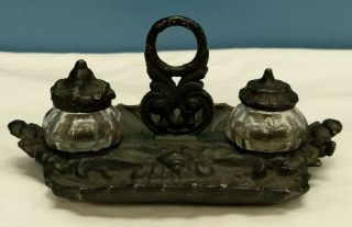 Vtg Cast Iron Inkwell Holder With Two Glass Ink Jars