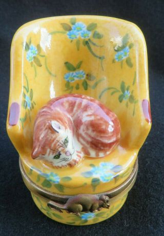 Limoges Rochard France Brown Kitty Cat Laying On A Chair Trinket Box